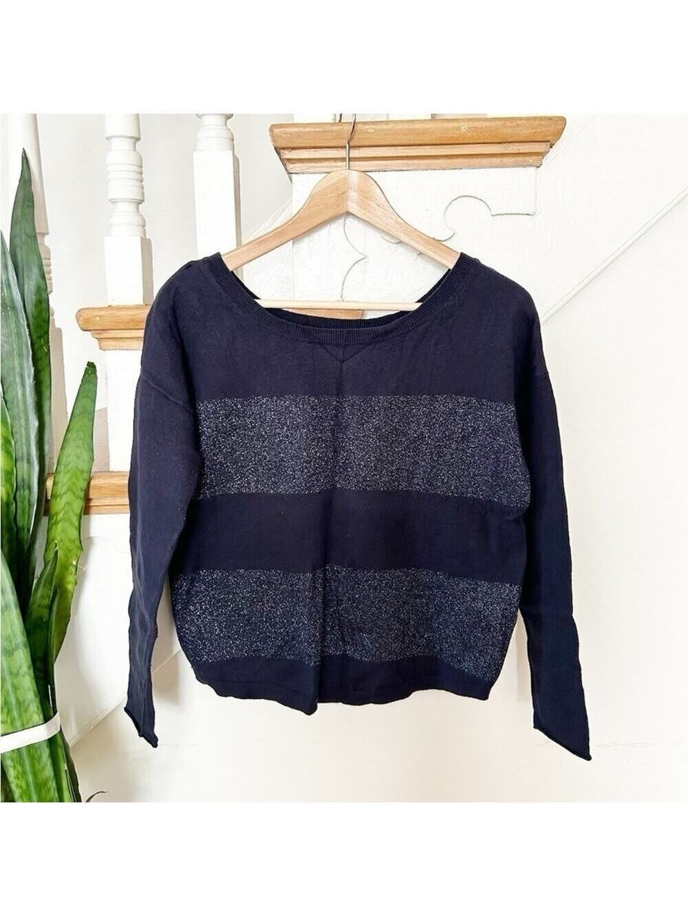 Banana Republic lightweight knit sweater navy and metallic shimmer stripes XS